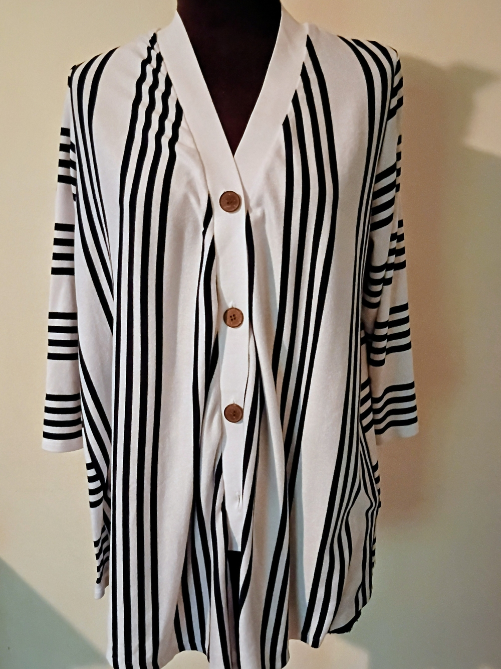 Susan Graver Black & White Vertical Stripe Button-Front Top Miss 1 Button